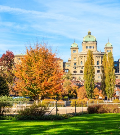 Bundeshaus umgeben von herbstlichen Bäumen